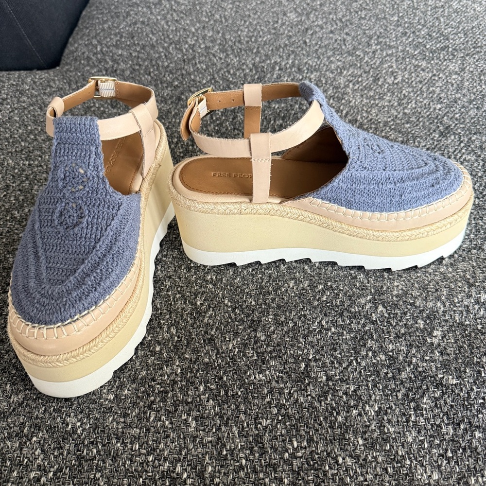 Free People Morning in Mykonos Blue and Tan Crochet Sandals